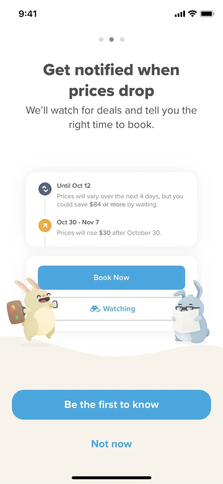 شاشة في تطبيق Hopper تعرض توقّعات السعر، وزرّ «Be the first to know» مع «Not now» تحته.