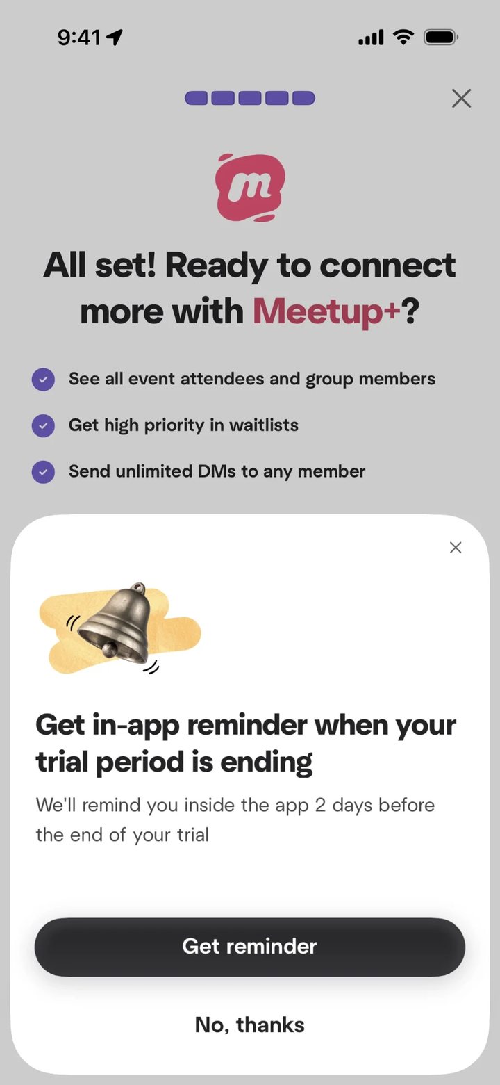 شاشة تمهيد في تطبيق Meetup: جرس، وجملة تشرح الفائدة، وزرّان «Get reminder» و«No, thanks».
